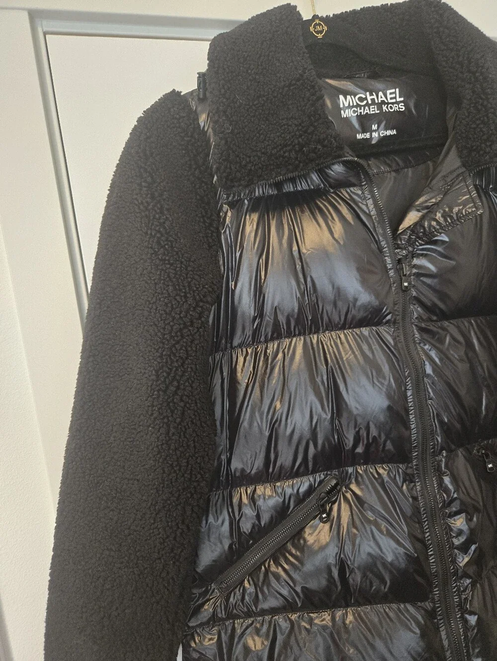 Michael Kors Black Quilted Puffer Jacket with Sherpa Collar Sleeves. Size M